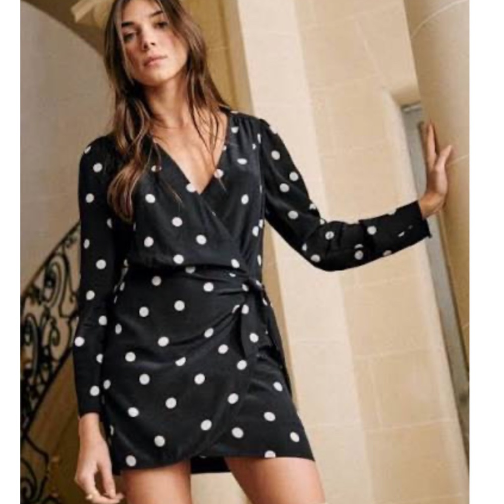 Sezane Silk Noemia Dress Black w/ Ecru polka dots - Size 42